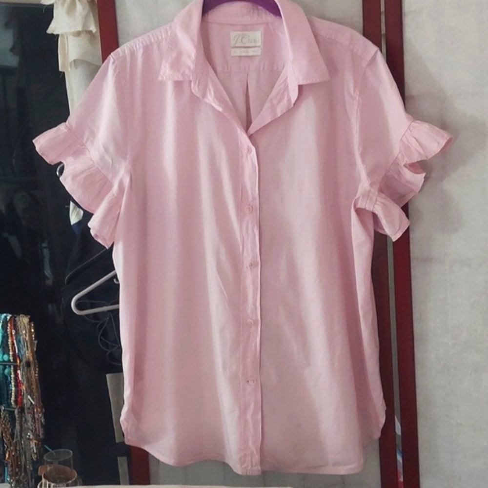 J. Crew Pink Notched Collar Ruffled Blouse